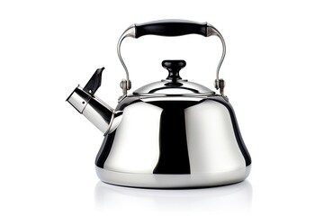 Traditional stainless steel stovetop kettle with whistle isolated on black background