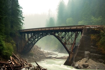 collapsed bridge due to heavy mudslide, created with generative ai