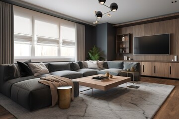 a living room with hardwood flooring and large windows. Generative AI