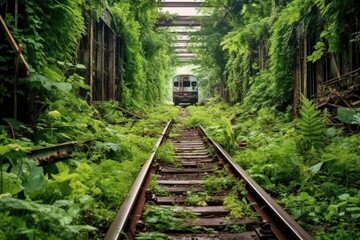 Fototapeta na wymiar overgrown train tracks leading to derailed train, created with generative ai