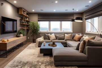 Obraz na płótnie Canvas Minimalist living space leather couch big windows. Generative AI