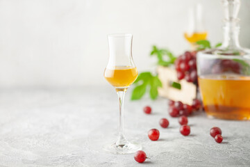Grape vodka. Strong alcoholic drink in glasses on the table. Fresh grapes