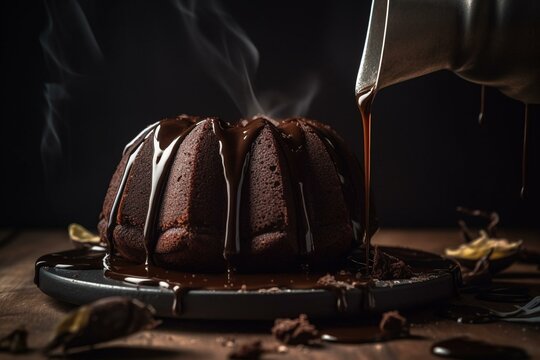 Image of chocolate bundt cake with melted chocolate drizzle. Generative AI