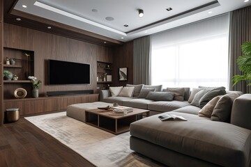 a living room with couches and a television set in the corner. Generative AI