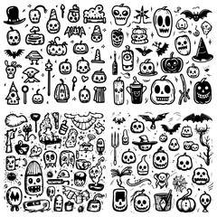 a collection of halloween objects, black and white