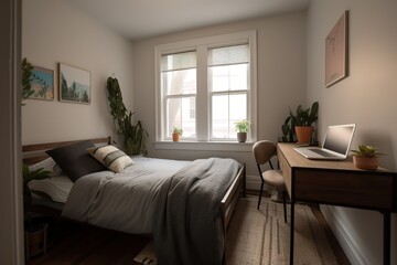 modern cozy soft interior design of a room with a bedroom. Generative AI
