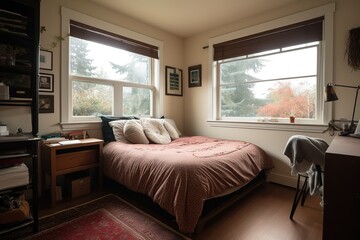 Hotel bedroom interior in the morning. Generative AI