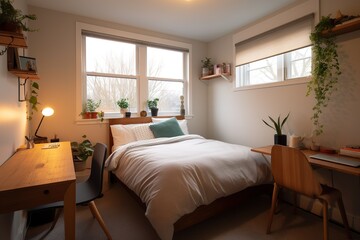 modern cozy soft interior design of a room with a bedroom and a home office. Generative AI