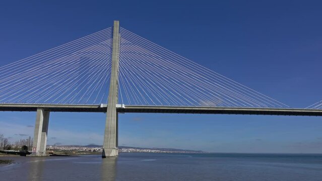 Vasco da Gama Bridge in Lisbon, Portugal, panorama 4k