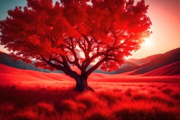 Fototapeta na wymiar red tree heart and sunset over the field Created using generative AI tools