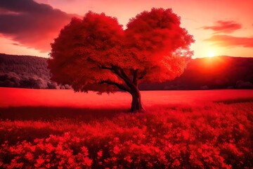 red tree heart and sunset over the field Created using generative AI tools
