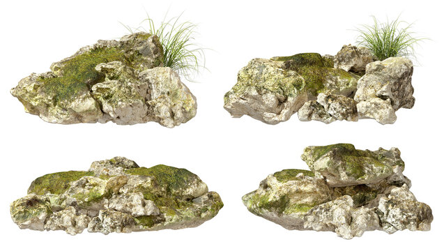 Cutout rock moss rainforest step composition on transparent backgrounds 3d render png