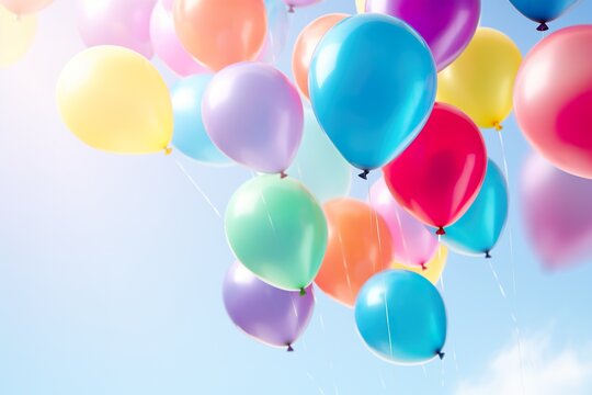 Fototapeta close up of colorful balloons flying in the air, levitation,rainbow palete pastel background for design