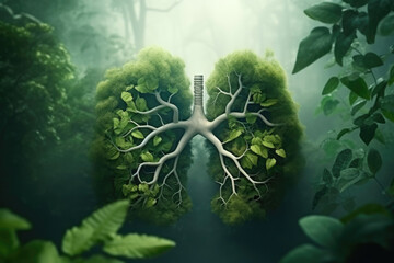 Save the Earth green planet concept with green lungs made of rainforest. Generative AI