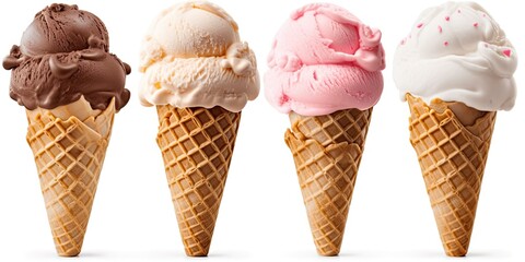 Fototapeta na wymiar Freshly scooped ice cream on cones isolated on white background