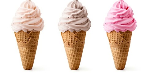 Freshly scooped ice cream on cones isolated on white background