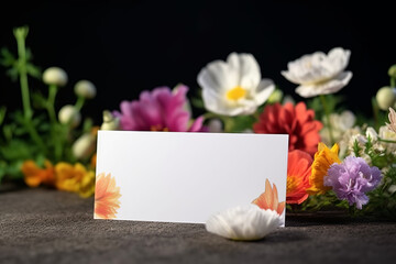 White Blank Empty Business Card Mockup In Garden Flowers, Generative Ai