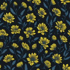 Naklejka na ściany i meble Watercolor Seamless Patterns Yellow flowers on black background