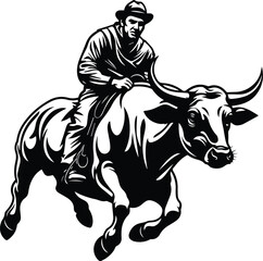 Fototapeta na wymiar Cowboy Riding On A Bull Logo Monochrome Design Style