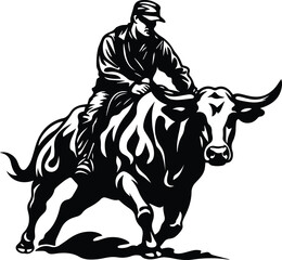 Fototapeta na wymiar Cowboy Riding On A Bull Logo Monochrome Design Style