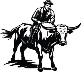 Cowboy Riding On A Bull Logo Monochrome Design Style