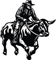Cowboy Riding On A Bull Logo Monochrome Design Style
