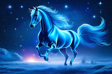 Naklejka na ściany i meble beautiful blue shining horse with long hair running in the night over the sky in front of the moon Created using generative AI tools