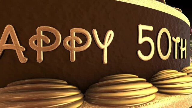 50th birthday cake animation 3d render in chocolate gold with confetti and balloon background. 4k
