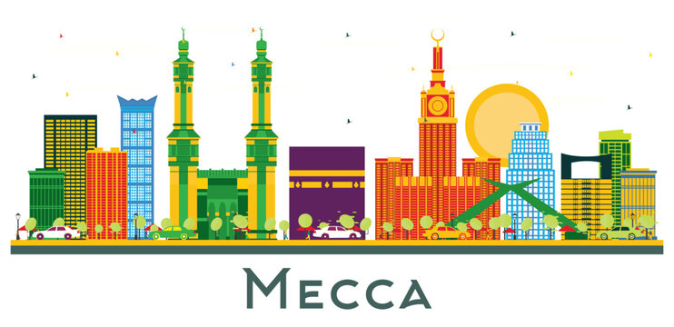Mecca Saudi Arabia City Skyline with Color Landmarks Isolated on White.