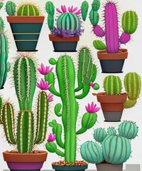 Foto op Plexiglas Cactus in pot Set of cactus in flowerpot. Cartoon cactus with flowers. Cute succulent character