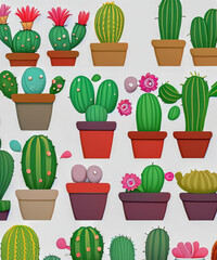 Fototapeta premium Set of cactus in flowerpot. Cartoon cactus with flowers. Cute succulent character