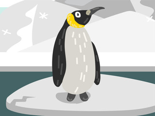 Illustration of a cartoon penguin on an ice floe. The North Pole with a cute penguin. The penguin is at his usual place of residence. Children's illustration, printing for children's books