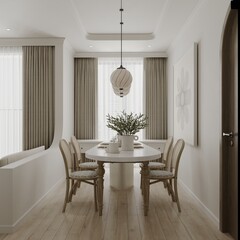 Dining room for a studio apartment setup with a white theme insted and luxurious interior design