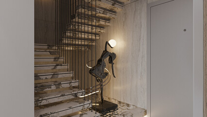 Latest stairs interior design, metalic, wall artwork, stylish paddle and lighting