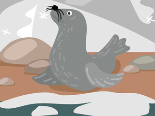 Illustration of a cartoon seal by the sea. The North Pole with a cute seal. The seal is at its usual place of residence. Children's illustration, printing for children's books