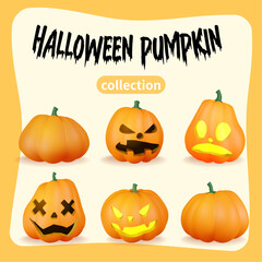 Creepy collection of Halloween pumpkins, a set of six pumpkins with four different funny faces