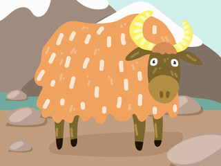 Illustration of a cartoon yak in the mountains. A mountainous area with a cute yak. Yak at his usual place of residence. Children's illustration, printing for children's books