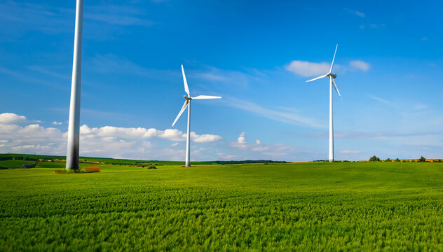 wind turbines farm, clean energy, environmentally friendly sustainable development concept. Ai generative.