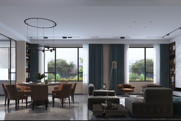 Modern and stylish living room intregrated with dining room, table, sofa and light design