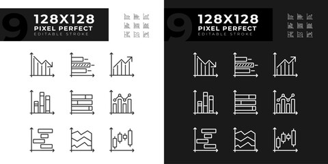 Trend charts linear icons set for dark, light mode. Financial planning. Data analysis. Investment management. Thin line symbols for night, day theme. Isolated illustrations. Editable stroke