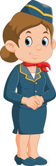 A beautiful young air hostess. Plane stewardess or travel agency representative. Cartoon character.