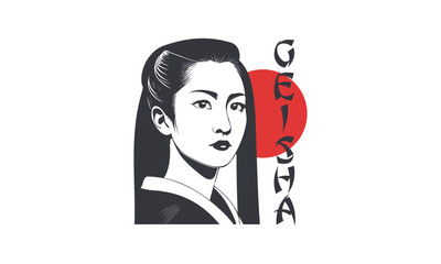 Vector graphic monochrome portrait of a beautiful Asian Japanese geisha girl. White isolated background.