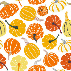 Colorful pumkins seamless pattern. Autumn, fall background, wallpaper. Pumpkins vector illustration for textile, paper design.