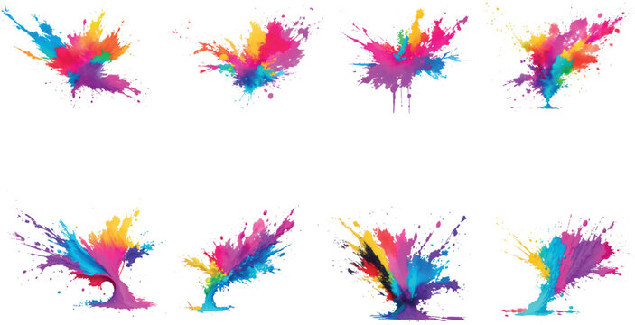 Colorful Ink Splash, Paint Splatter powder festival explosion burst isolated white background, Watercolor stain