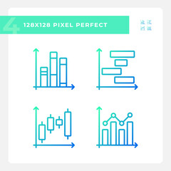 Stock market gradient linear vector icons set. Money charts. Investment strategy. Financial data. Trading company. Thin line contour symbol designs bundle. Isolated outline illustrations collection