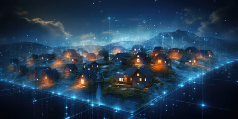 Obraz premium Digital community, smart homes, and digital community. Digital network in society concept. suburban houses at night with data transactions