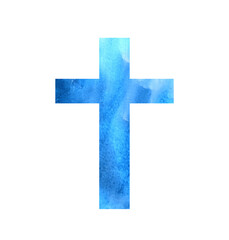 The turquoise cross is isolated on a transparent background. Blue watercolor religious symbol. Abstract colorful Easter print. Cute hand-drawn illustration for Baptism and First Communion Designs.