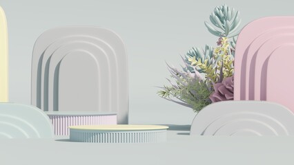 3d rendering of podium and abstract geometric with empty space for kids or baby product. Succulents and cactus with colorful pastel background
