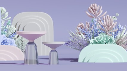 3d rendering of podium and abstract geometric with empty space for kids or baby product. Succulents and cactus with colorful pastel background
