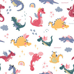 Seamless pattern with cute hand drawn dragons. Design for fabric, textile, wallpaper, packaging.
